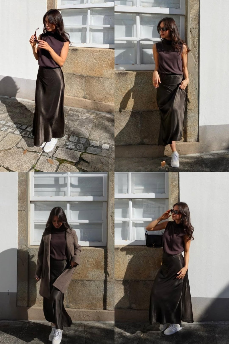 Falda satinada arrugado chocolate