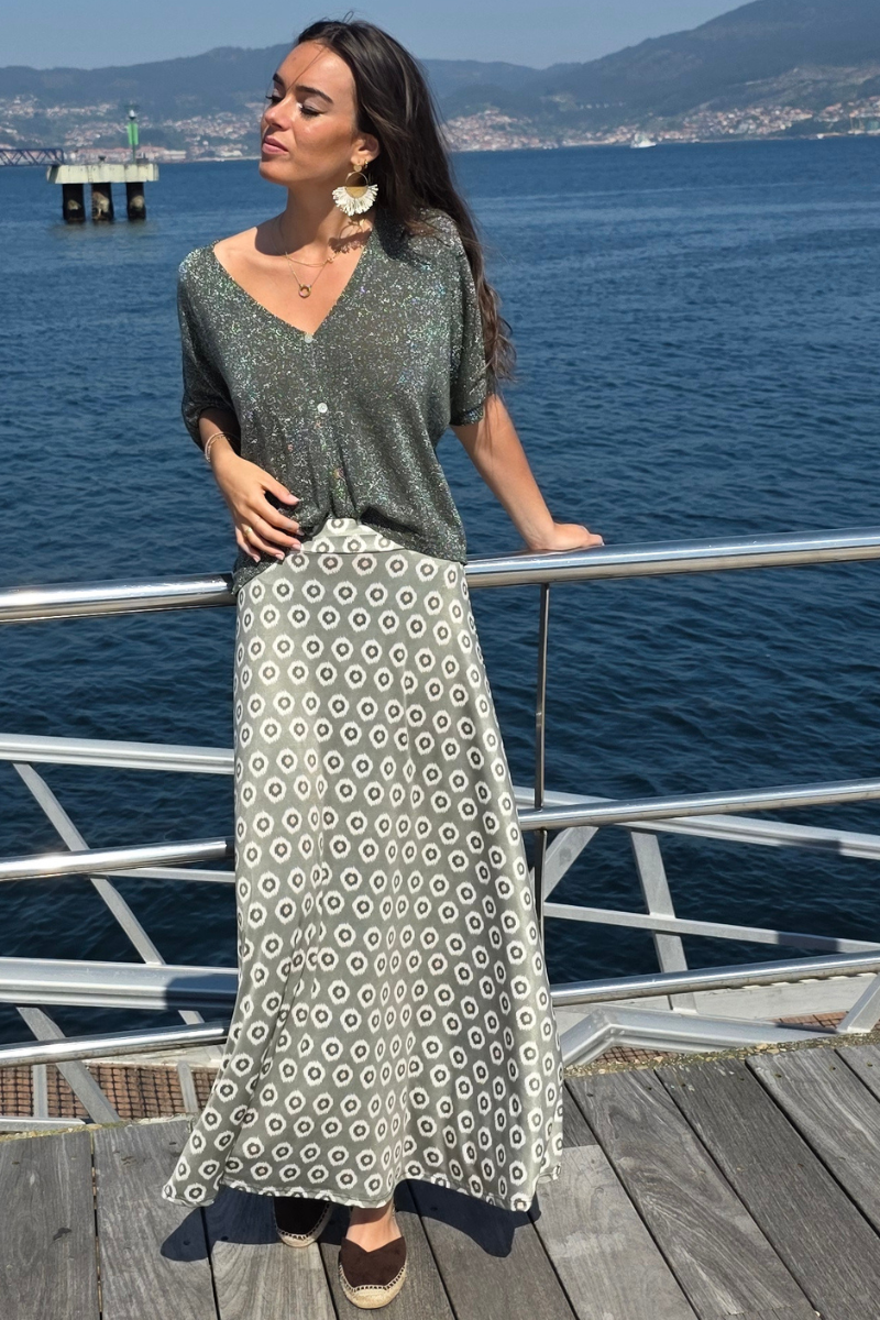 Falda Larga Estampado Célula Caqui