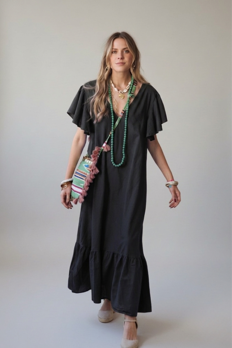 Vestido Largo Manga Volante negro