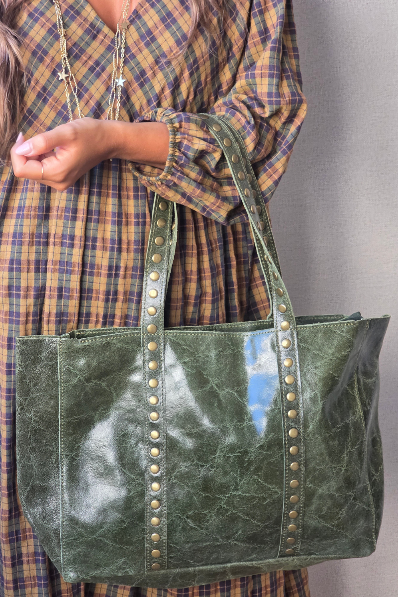 Bolso de piel shopper tachuelas verde
