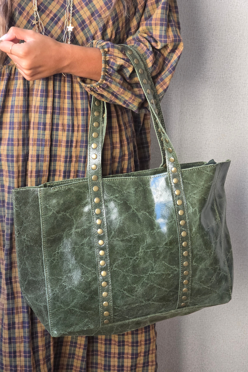 Bolso de piel shopper tachuelas verde