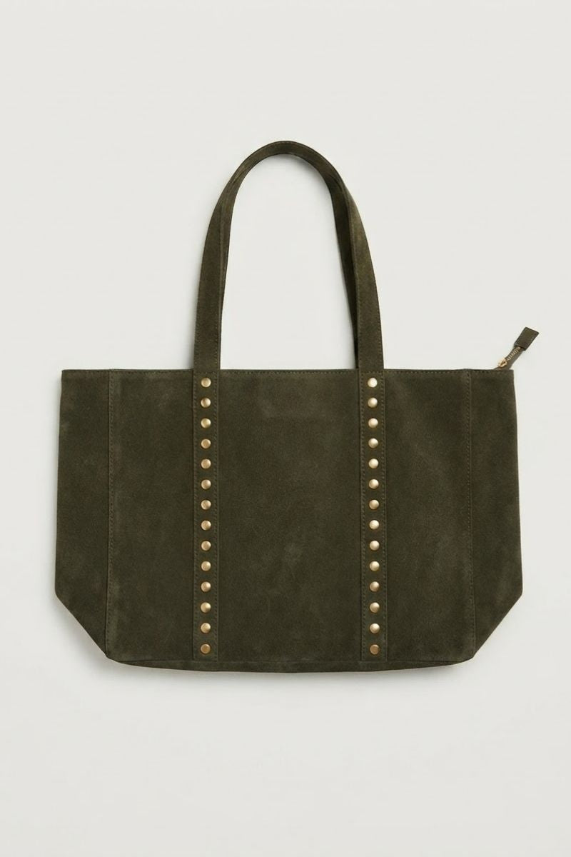 Bolso de ante shopping con tachuelas verde militar