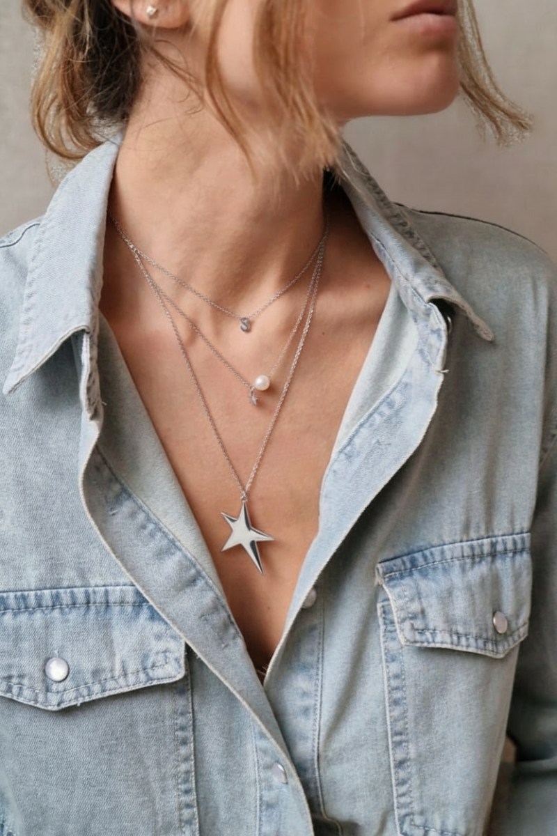 Gargantilla de acero finita estrella plata