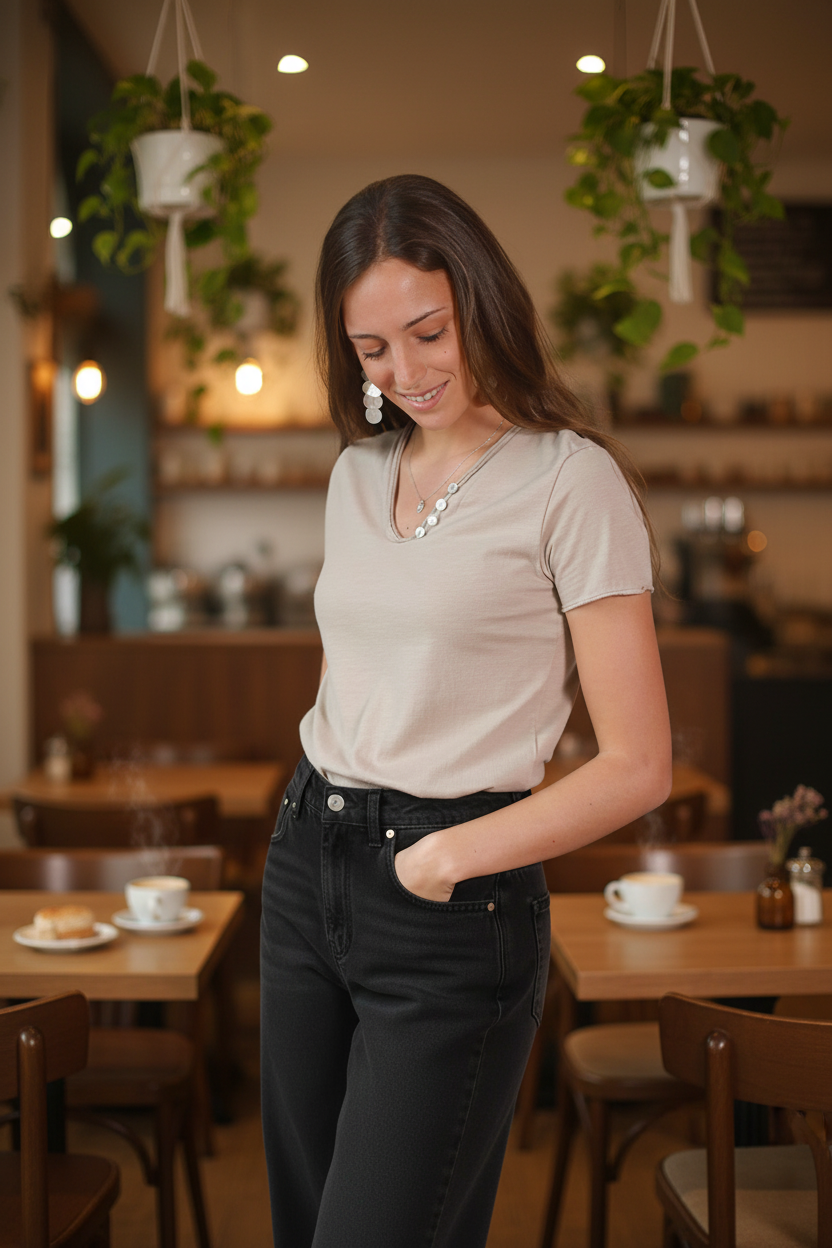 Camiseta de algodón básica con cuatro botones beige