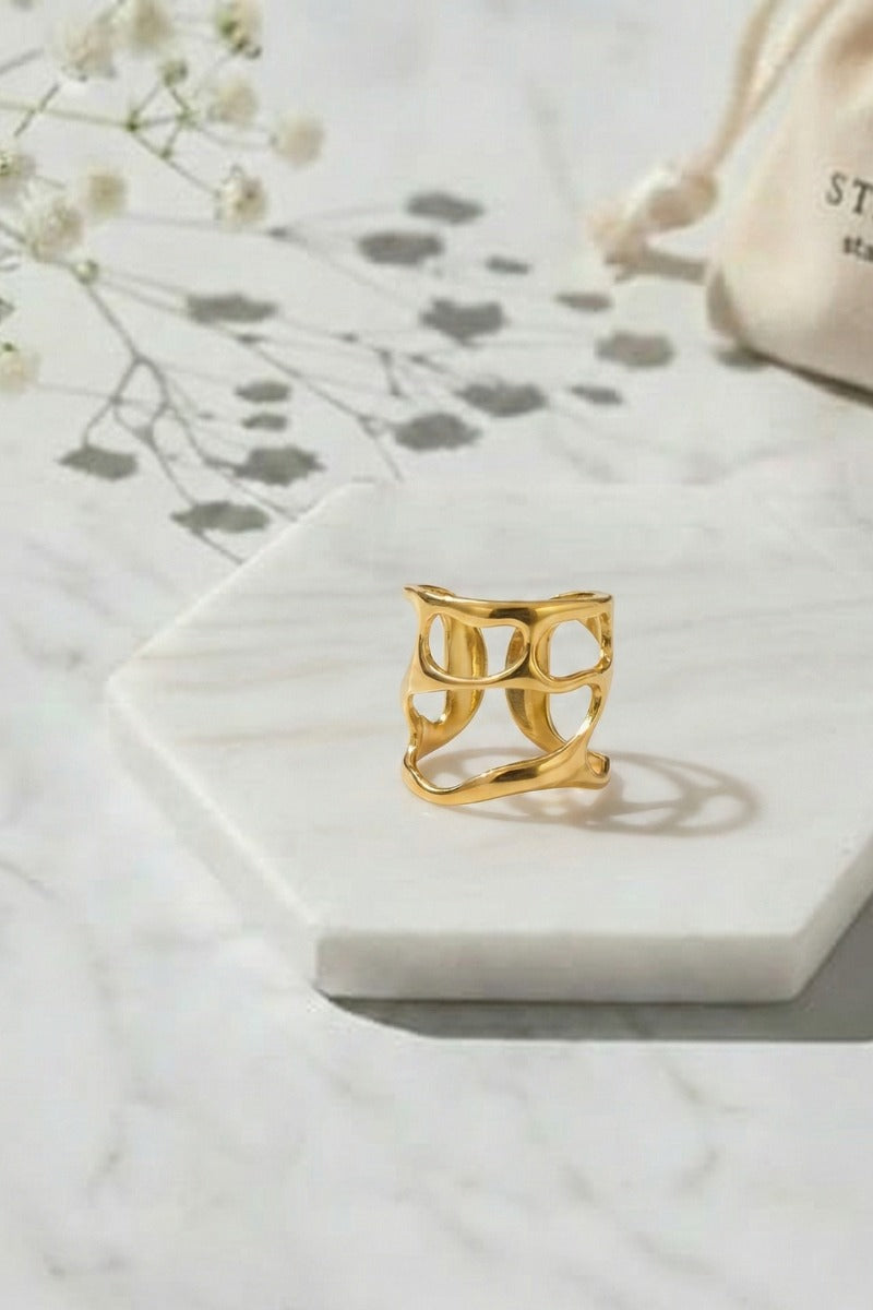 Anillo Ajustable cuff abstracto acero dorado