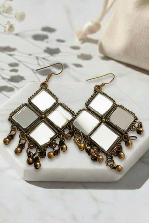 Pendientes Espejo Cuadrado Dorado con Bolitas