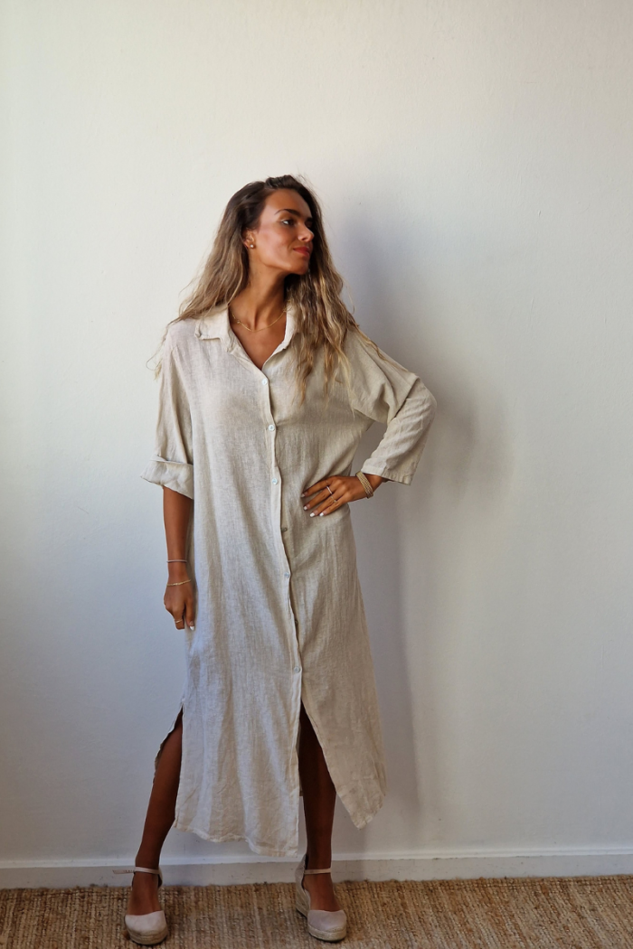 Vestido largo camisero tipo lino beige