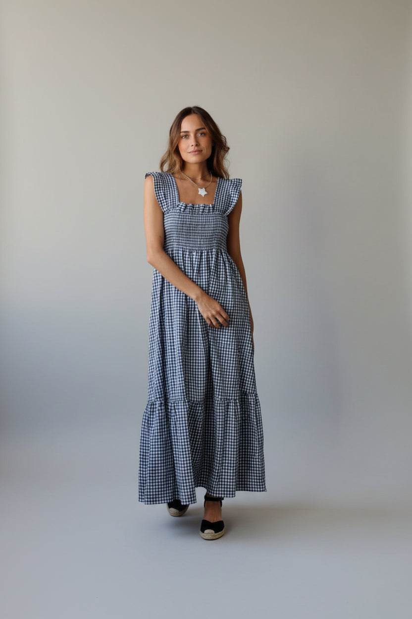 Vestido cuadro vichy nido de abeja azul marino
