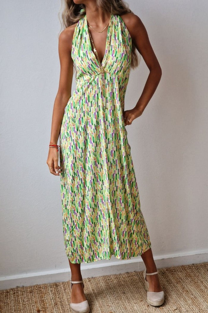 Vestido estampado con lazada en espalda en color verde