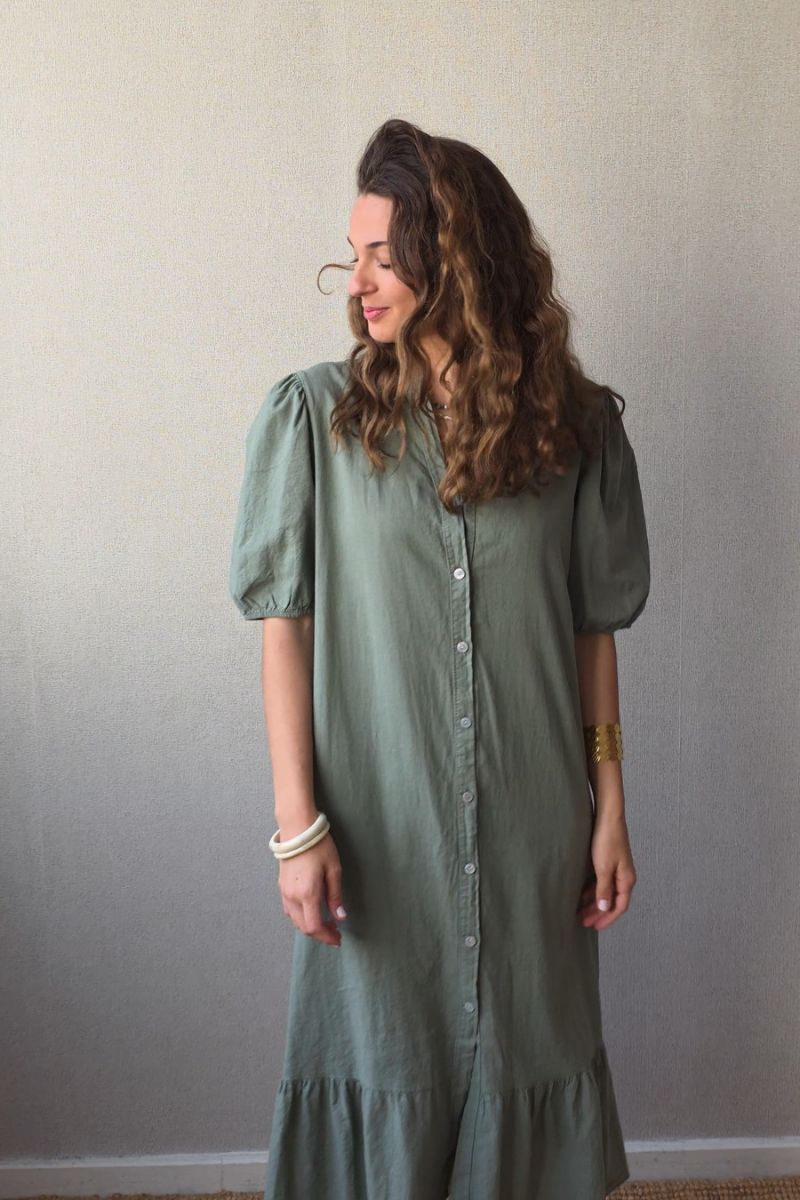 Vestido botones tipo lino caqui