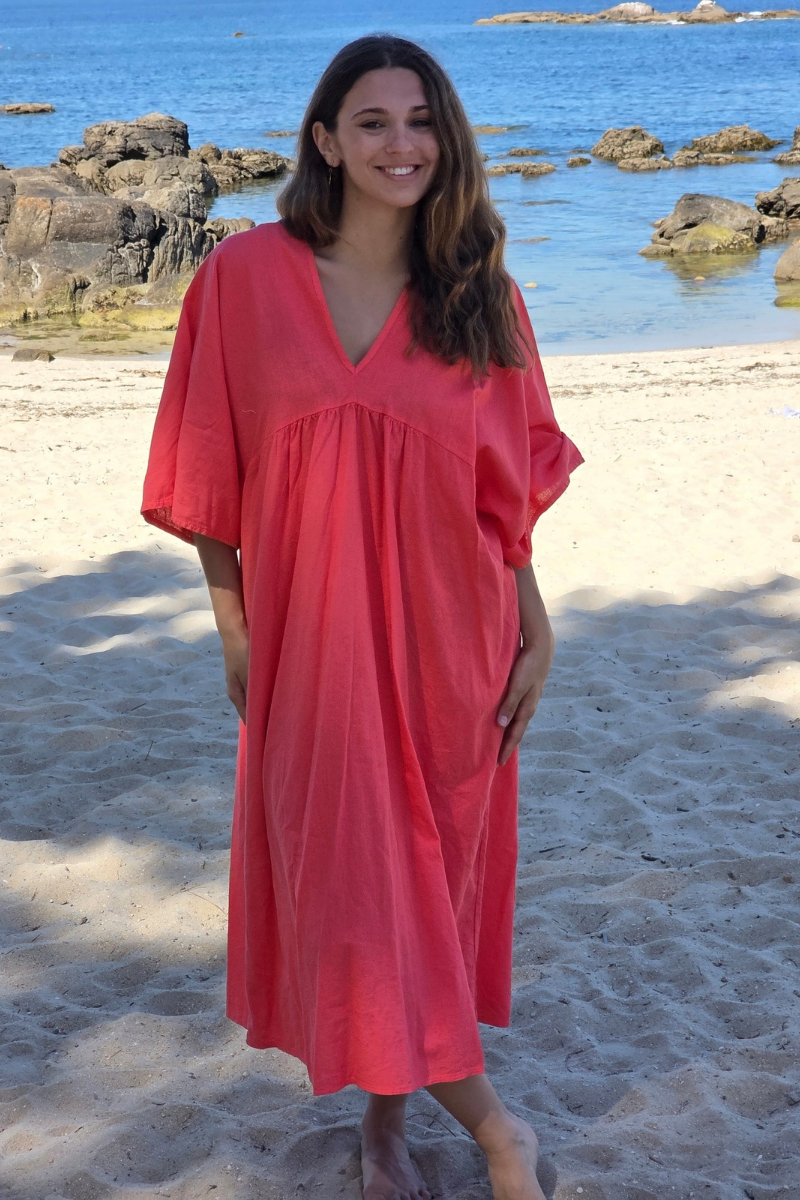 Vestido largo de lino y algodón coral