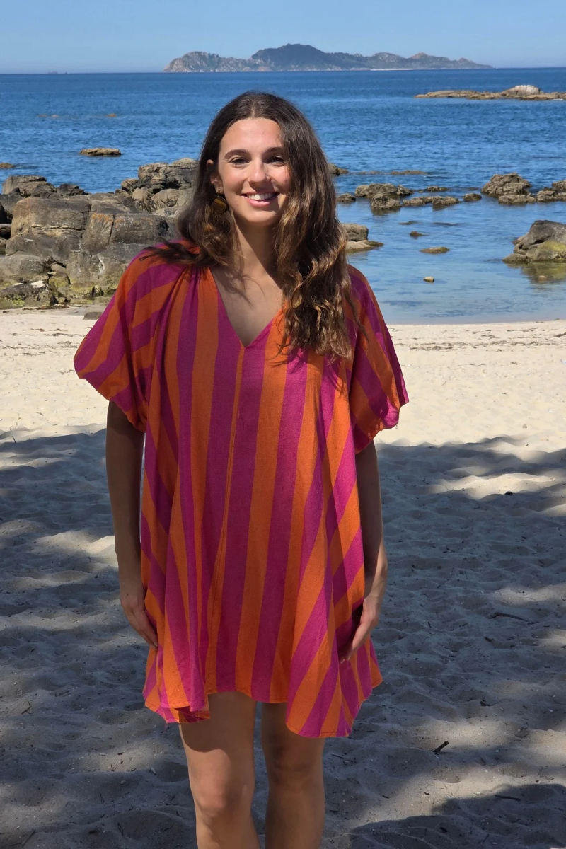 Vestido Manga Abullonada con Rayas Naranja