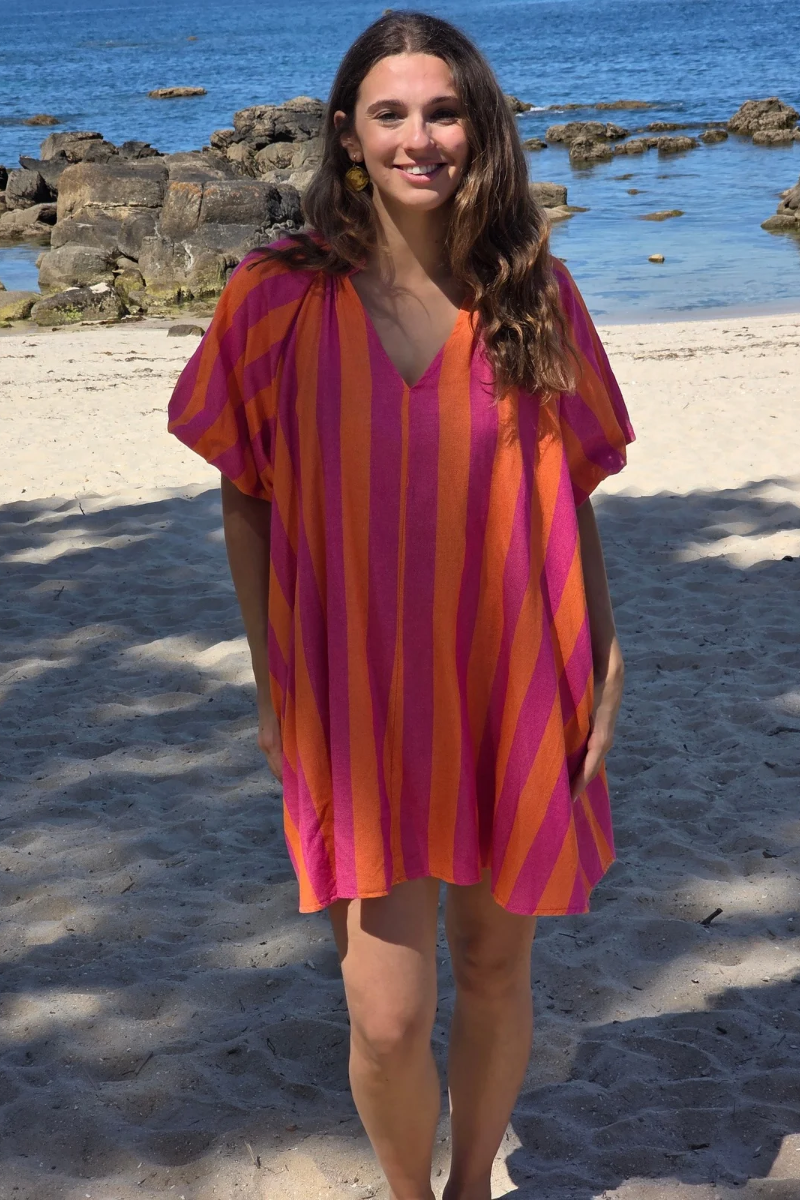 Vestido Manga Abullonada con Rayas Naranja