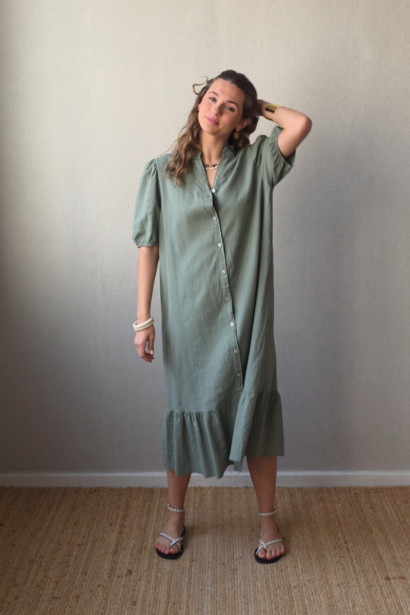 Vestido botones tipo lino caqui