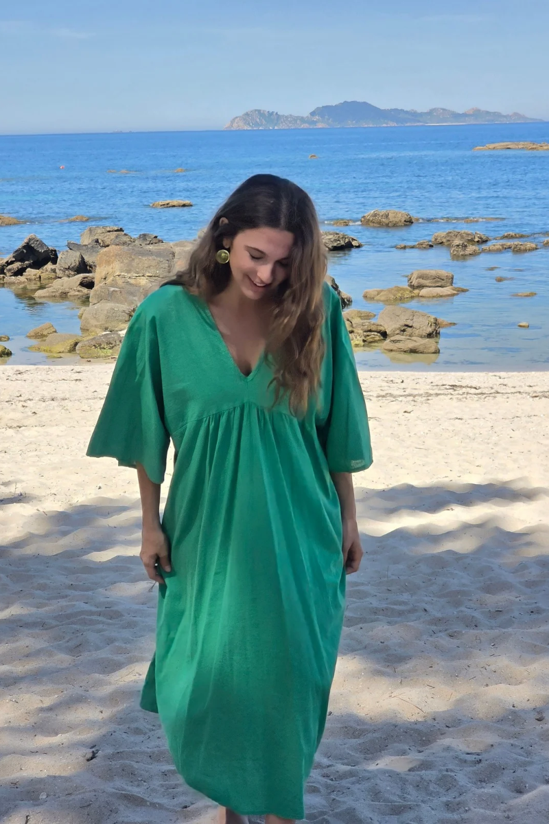 Vestido largo de lino y algodón verde
