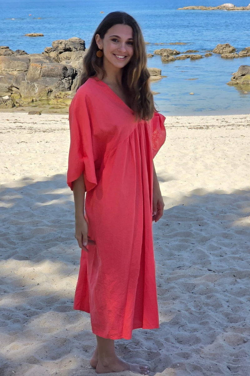 Vestido largo de lino y algodón coral