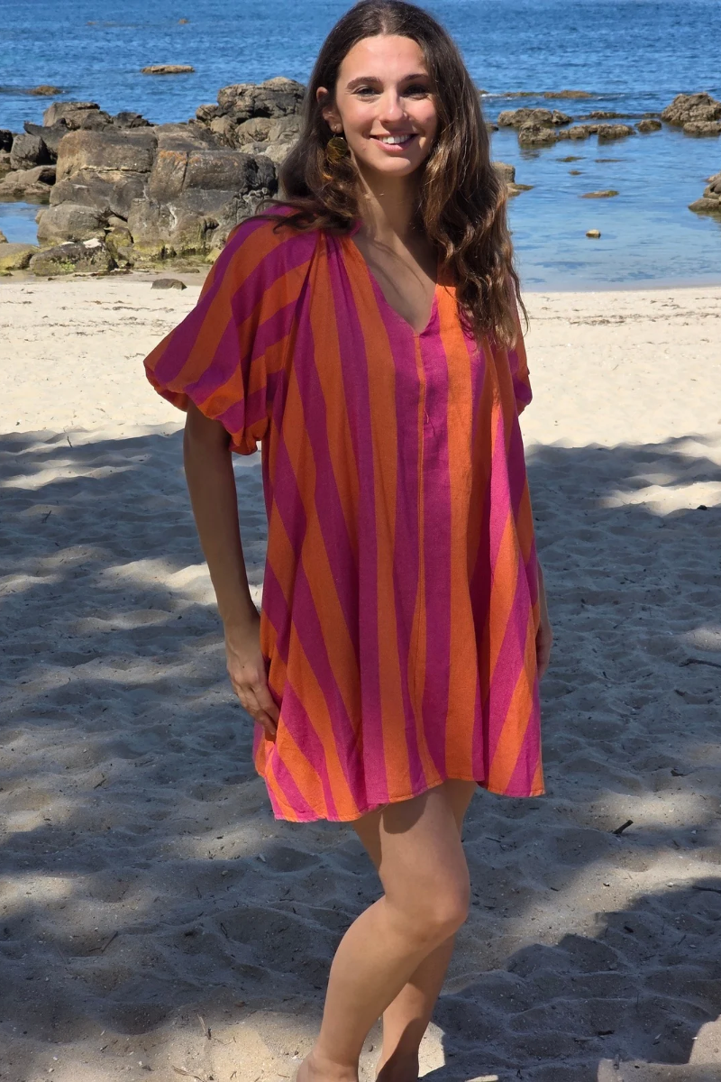 Vestido Manga Abullonada con Rayas Naranja